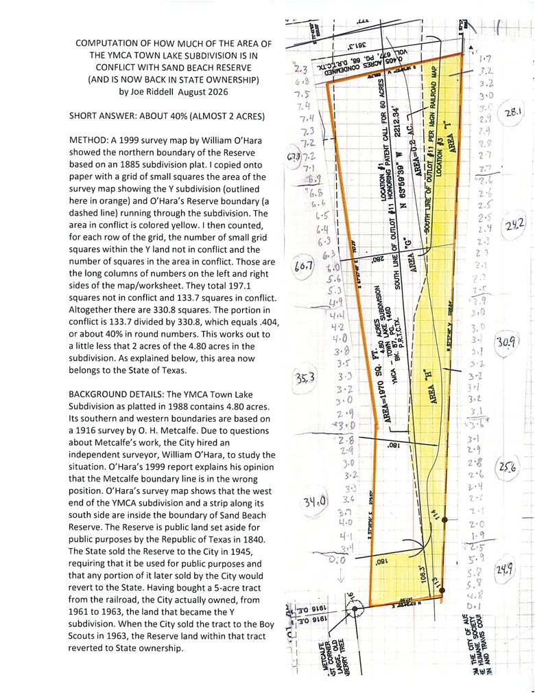 First page of Joe Riddell's August 2026 worksheet, which overlays a counting grid on O'Hara's survey map to measure the yellow area in conflict