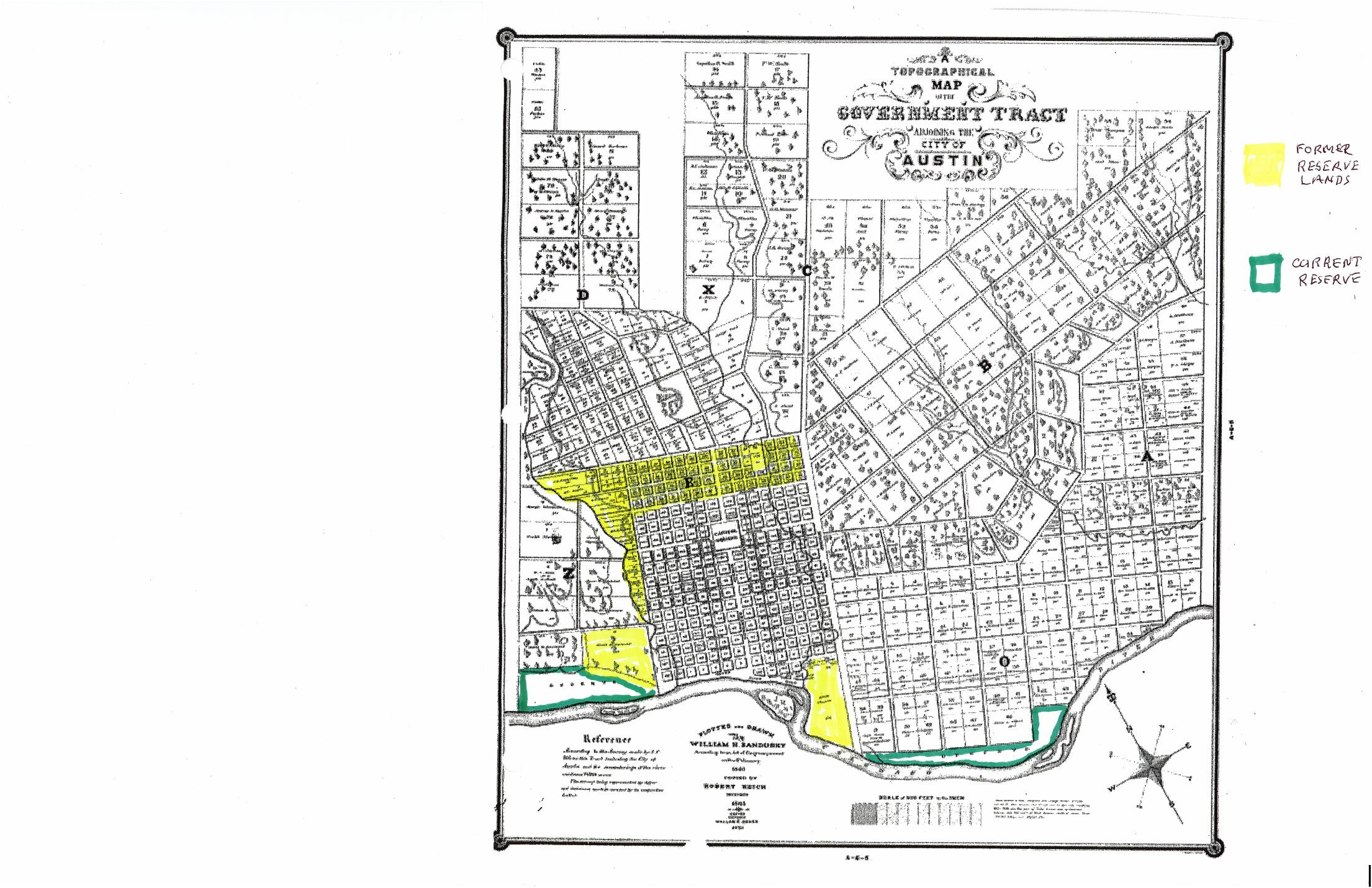 Historical Government Tract map annotated by Joe Riddell to show former Reserve lands in yellow and the two remaining Sand Beach Reserve tracts in green